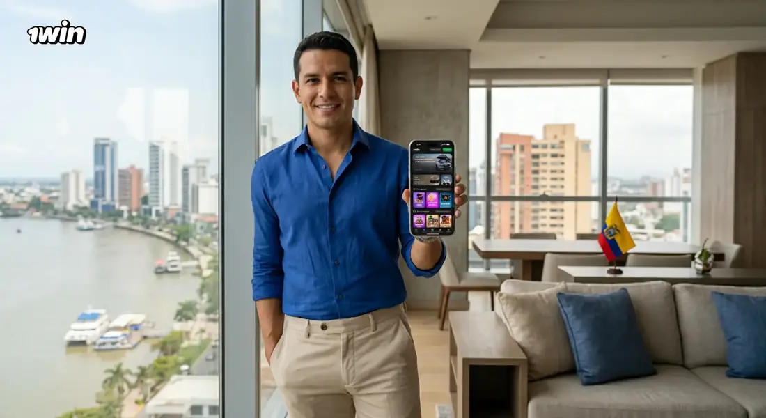 Hombre en un departamento con vista a un río y un malecón ecuatoriano que muestra la app de 1win en su celular
