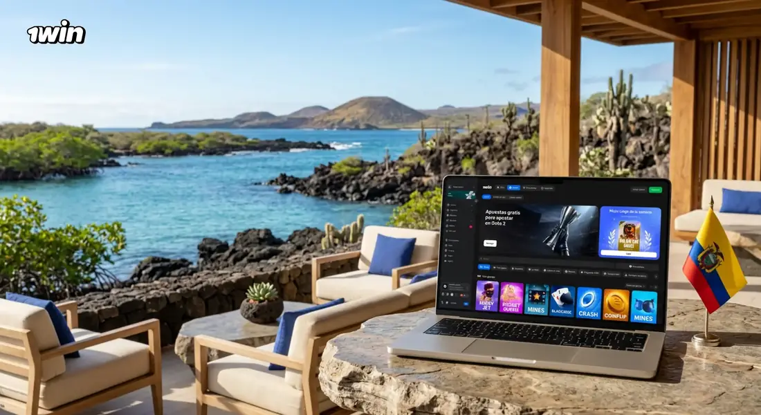 Laptop con la plataforma de 1win en una terraza frente a una costa volcánica de Ecuador, junto a la bandera ecuatoriana
